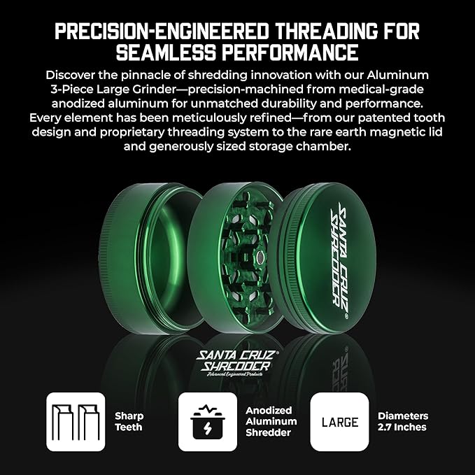 Santa Cruz Shredder Metal Herb Grinder Knurled Top for Stronger Grip 3-Piece Large 2.7" (Green)