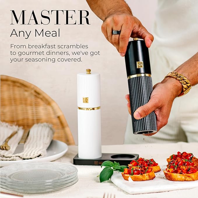 Wooden Salt and Pepper Grinder Set – Refillable Manual Salt and Pepper Mills with Adjustable Ceramic Burrs, Gold Detailing, and Wood Stand – Black and White