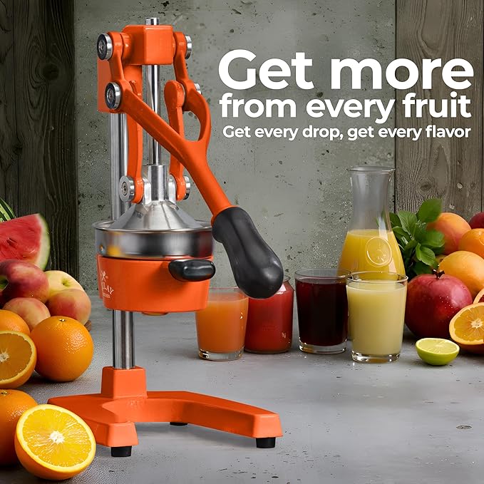 Zulay Kitchen Cast Iron Juicer - Easy-to-Clean Heavy-Duty Manual Juicer, Professional Citrus Juicer - Stainless Steel Lemon Squeezer - Manual Citrus Press & Orange Squeezer - Orange Juicer (Orange)