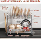 2 Tier Dish Drainer Drying Rack for Kitchen Counter Large Stainless Steel Dishes Drain with Drainboard Set, Space Saving, Big Modern Black Countertop Metal Plate Dryer Strainer Holder and Extra Tray