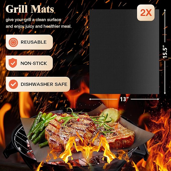 ROMANTICIST 26pcs Stainless Steel Grill Tool Set, Heavy Duty BBQ Grilling Accessories Gifts for Men Dad, Non-Slip Grill Utensils Kit with Apron, Thermometer, Mats in Aluminum Case for Christmas Brown