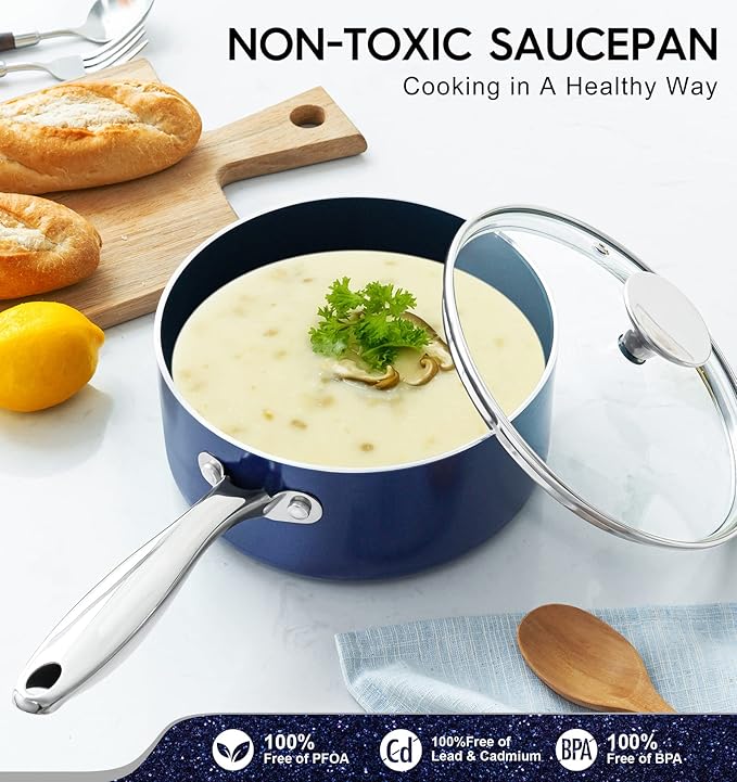 MICHELANGELO 1 Quart Saucepan with Lid, Nonstick Ceramic Sauce Pan with Stainless Steel Handle, 1 Qt Saucepan with Lid Oven Safe, Blue