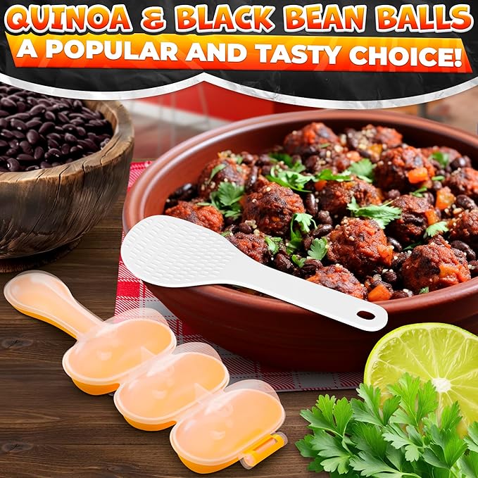 Rice Ball Mold - Mini Rice Ball Maker Mold with 3 Bite-Size Portions, Plastic Shaker with Scoop for Fast Shake Shaping – Versatile Tool for Bento Meals, Temari Sushi, Yaki-Onigiri & Creative Plating