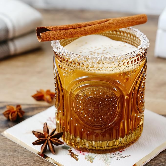 Vintage Amber Drinking Glasses Set of 6 by Kate Aspen - 10 oz Ribbed Glassware for Drinking Water, Juice, Cocktail Glasses - Ribbed Glass Cups Set, Iced Coffee Cup, Kitchen Drinkware or Home Bar