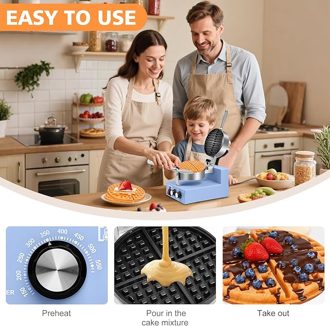 Commercial Waffle Maker for Restaurant, 110V Electric Waffle Maker w/Non-stick and 122–572°F Adjustable Temp, 1200W Profession Waffle Iron with Timer and Heavy Duty, Hotel Waffle Machine
