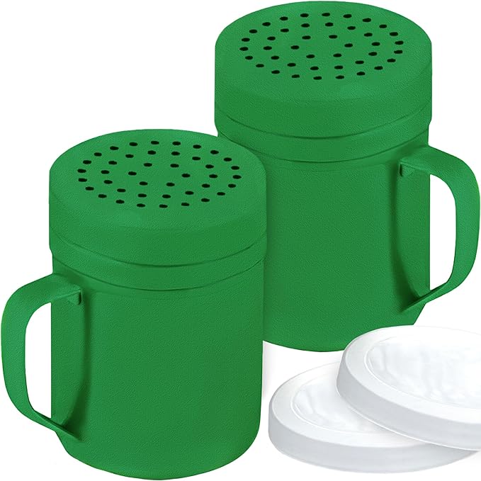 CUSINIUM 10oz Forest Green Stainless Steel Salt Pepper Dredge Shakers - With Plastic Cap - With Handle - Pack of 2
