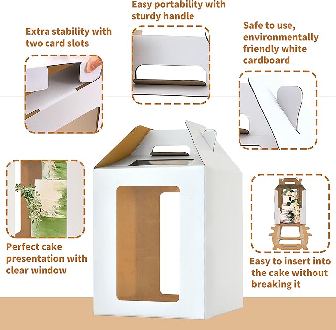 3 Pack Tall Cake Boxes for Tier Cakes,12 x12x14 Inches Large Tiered Cake Carriers with Windows,10in 12in Disposable Layer Tall Baking boxes with Handle for Birthday,Wedding,Party