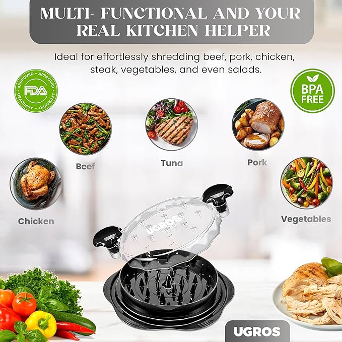 Chicken Shredder Large Tool Twist with Middle Plate, Food Tongs and Brush, Chicken Breast Shredder with Visible Anti Slip Design and Ergonomic Handles, BPA Free, Suitable for Chicken Pork Beef