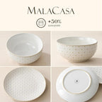 MALACASA 24 Piece Dinnerware Set, Embossed Ceramic Dish Sets Service for 8, Plates and Bowls Set, Durable Stoneware Tableware for Family Dinners, Dishwasher & Microwave Safe