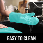 BPA-Free Soft Silicone Oven Mitts - Ultra Heat Resistant Oven Mitts with Thick Cotton Liner - Long Slip Resistant Pot Holders, Flexible Oven Gloves - Turquoise 13.7"