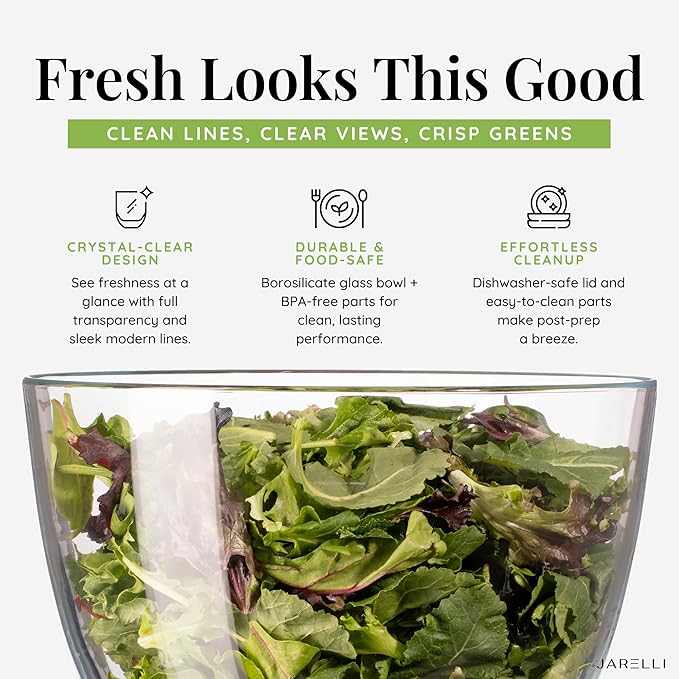 Glass Salad Spinner Large Capacity 6.3QT with Storage Lid | Boroscilicate Glass Bowl and BPA-Free and Food-Safe Colander, Base, Spinner Lid and Storage Lid | Washing, Spinning, and Draining