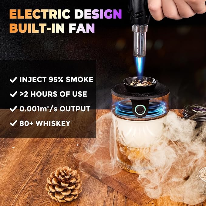 Electric Whiskey Smoker Kit, Luxurious Wooden Box, with 4 Wood Chips, Torch, Ice Molds, 2 Glasses, Stones, Old Fashioned Bourbon Cocktail Smoker Infuser Kit, Whiskey Gifts for Men, Husband (No Butane)