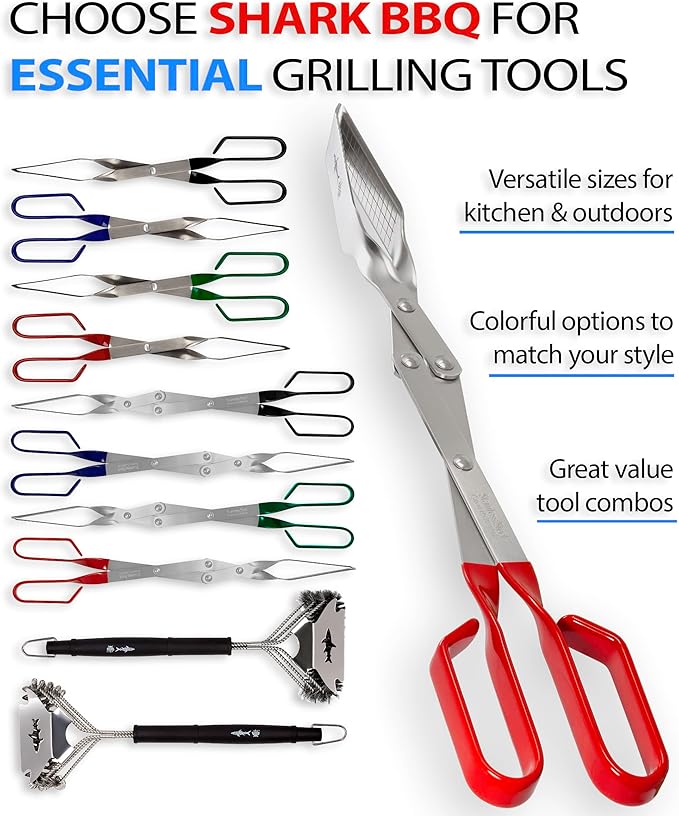 Shark BBQ Steak Grill Tongs - 17 inch Red. Professional outdoor grilling utensil. Long reach Barbeque Grilling Tongs. Ideal for steak, fish, burger, and sausage
