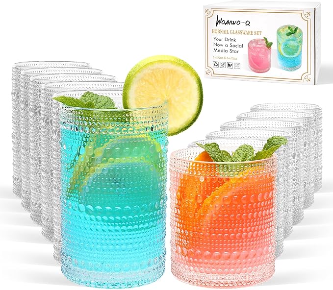 Hobnail Drinking Glasses Set of 12,12 oz Highball Glasses & 10 oz Cocktail Glasses,Clear Embossed Glass Cups,Kitchen Water Glass Cup,Bar Tumbler Glassware Set for Whiskey, Beer, Cocktail, Juice, Milk