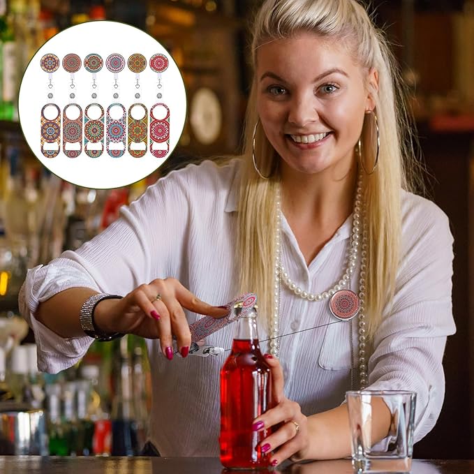 Irenare 6 Pcs Flat Bottle Openers Retractable Bar Keys for Bartenders Stainless Steel Beer Bottle Opener with Belt Clip and Round Badge Reel Bartender Gifts for Women Men(Mandala Style)