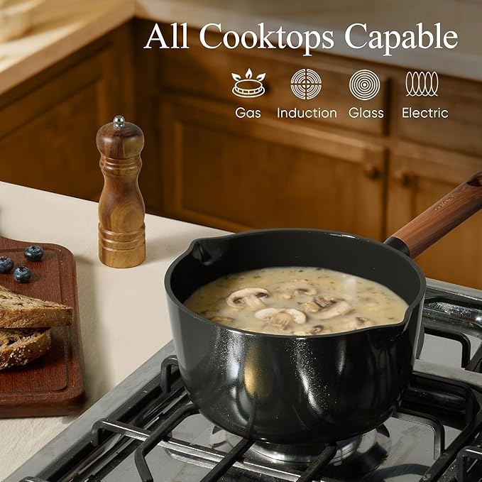 CAROTE 2QT & 3QT Sauce Pan Sets with Lid & Ladle Ceramic Nonstick Pot Set Non Toxic Saucepan Small Kitchen Cooking Pots, Easy to Clean, Induction Comptable, PFAS PTFE Free, Black