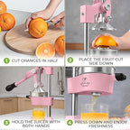 Zulay Kitchen Cast-Iron Orange Juice Squeezer - Heavy-Duty, Easy-to-Clean, Professional Citrus Juicer - Durable Stainless Steel Lemon Squeezer - Sturdy Manual Citrus Press & Orange Squeezer (Pink)