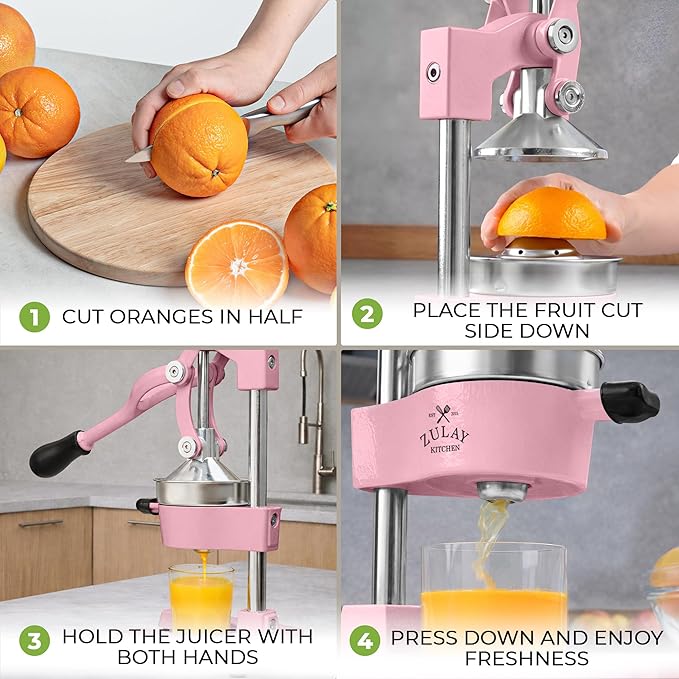 Zulay Kitchen Cast-Iron Orange Juice Squeezer - Heavy-Duty, Easy-to-Clean, Professional Citrus Juicer - Durable Stainless Steel Lemon Squeezer - Sturdy Manual Citrus Press & Orange Squeezer (Pink)