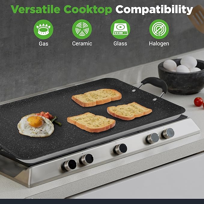 Nutrichef Double Burner Griddle, Non-Stick Stove Top Griddle for Gas Stove, Dishwasher Safe, Heatproof Bakelite Handles, Even Heat Distribution, PFOA & PFOS Free, 20” x 12” x 0.8” Inch (Black)