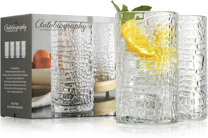 Glaver's Highball Drinking Glasses, Set of 4 Clear 15 Ounce Patent Crackle Design Textured Drinking Glasses Heavy Duty premium Glassware for Everyday Home, Bar use