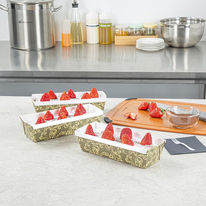 Restaurantware Paper Loaf Pan 100 Count 10 x 3.6 x 2.5 Inches 42 Oz Greaseproof Baking Loaf Mold, Vintage Floral Design Oven Safe Freezer Safe Rectangular Green Baking Pan For Cakes And Bread