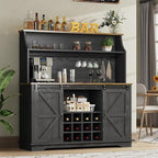 55 Inch Farmhouse Coffee Bar Cabinet with 3-Tier Enclosed Storage Cabinet, Kitchen Hutch with 12 Wine Racks & 3 Glass Holders, Coffee Bar with 6 Hooks, Wood Furniture for Dining Living Room, Black