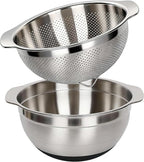 304 Stainless Steel Colander, 5 QT Large Capacity and 5QT Mixing Bowl, 2mm Micropore Strainer for Washing Rice, Fruit, and Veggies, Perfect Draining for Cooked Pasta