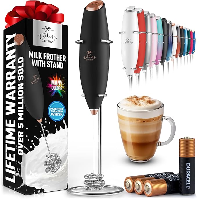 Zulay Kitchen Patented Tornado Triple Whisk Milk Frother with 4 Duracell Batteries – Handheld Foam Maker for Coffee, Lattes, Matcha & Hot Chocolate – Rich, Creamy Froth in Seconds - Black & Copper