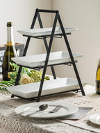 YHOSSEUN 3 Tier Serving Tray Tiered Tray Stand, Ceramic Serving Platters and Trays with Metal Rack, 10+12+14 Inch Large Serving Trays for Party 3 Tier Serving Stand Dessert Display Set, Black