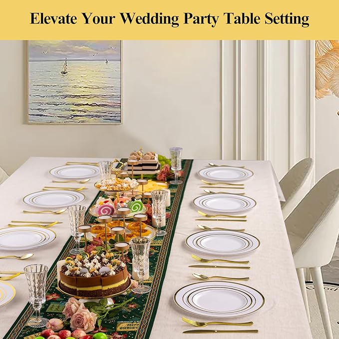 Goodluck 100PCS Gold Plastic Plates, 10.25 Inch Dinner Plate with Gold Rim, Heavy Duty Disposable Plastic Plates for Party, Wedding, Birthday & Daily Use