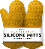 BPA-Free Soft Silicone Oven Mitts - Ultra Heat Resistant Oven Mitts with Thick Cotton Liner - Long Slip Resistant Pot Holders, Flexible Oven Gloves - Yellow 13.7"