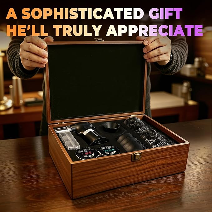 Electric Whiskey Smoker Kit, Luxurious Wooden Box, with 4 Wood Chips, Torch, Ice Molds, 2 Glasses, Stones, Old Fashioned Bourbon Cocktail Smoker Infuser Kit, Whiskey Gifts for Men, Husband (No Butane)