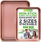 NutriChef Nonstick Cookie Sheet Baking Pan - 2pc Large & Medium Metal Oven Baking Tray, Professional Quality Kitchen Cooking Non-Stick Bake Trays w/ Rimmed Borders, Rose Gold
