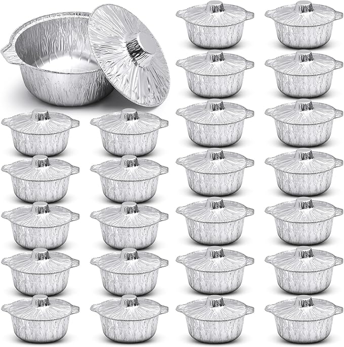 Ziliny 24 Pcs Disposable Aluminum Pot with Lid Round Foil Pans Disposable Cookware Food Container for Vacation Trips Camping Baking Heating Cooking (74.4 oz)