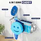 Sponge Holder for Kitchen Sink,Sink Caddy Smiley Face,4-in-1 Sponge Holder with Suction Cups & 1 PCS Adhesive Strips for Holding Soap,Brush,Scrubber,Sponge,Stopper-Silver