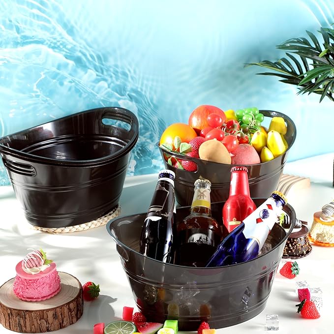 meekoo 6 Pcs Plastic Ice Buckets Bulk with Handles 4.5L Oval Storage Tub Large Capacity Ice Drink Bucket for Party Bar Wine Beer Champagne Beverage Bottle Cooler (4.5 L,Black)
