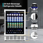 24 Inch Beverage Refrigerator, 180 Can Capacity Beverage fridge, Built in or Freestanding Drink Cooler with Glass Door, Under Counter Beer Fridge, LED Indicator Light and Adjustable Shelve