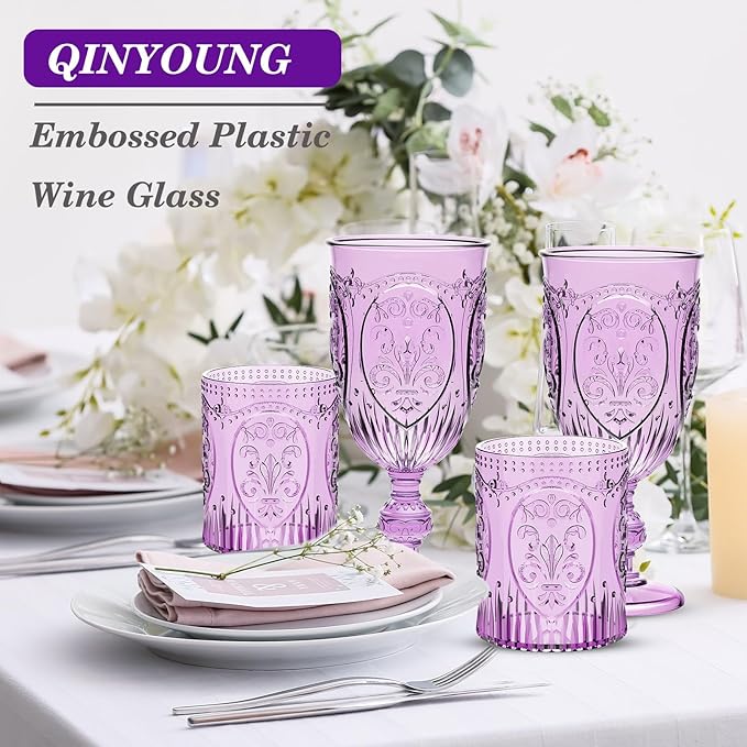 Qinyoung 12 Plastic Vintage Drinking Glasses 8.5oz Stemless Retro Embossed Wine Glasses Shatterproof Reusable Cups for Baby Shower Wedding Reception Grand Event Party (Purple)