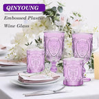 Qinyoung 12 Plastic Vintage Drinking Glasses 8.5oz Stemless Retro Embossed Wine Glasses Shatterproof Reusable Cups for Baby Shower Wedding Reception Grand Event Party (Purple)