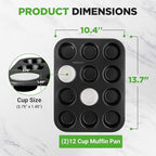 NutriChef Muffin Pans for Baking 2-Pack | Nonstick 12 Mold Cupcake Tins | Carbon Steel Stackable Cup Cake Trays | Dishwasher & Oven Safe | Includes 100 Parchment Paper Liners | 13 x 10 x 1 | Black