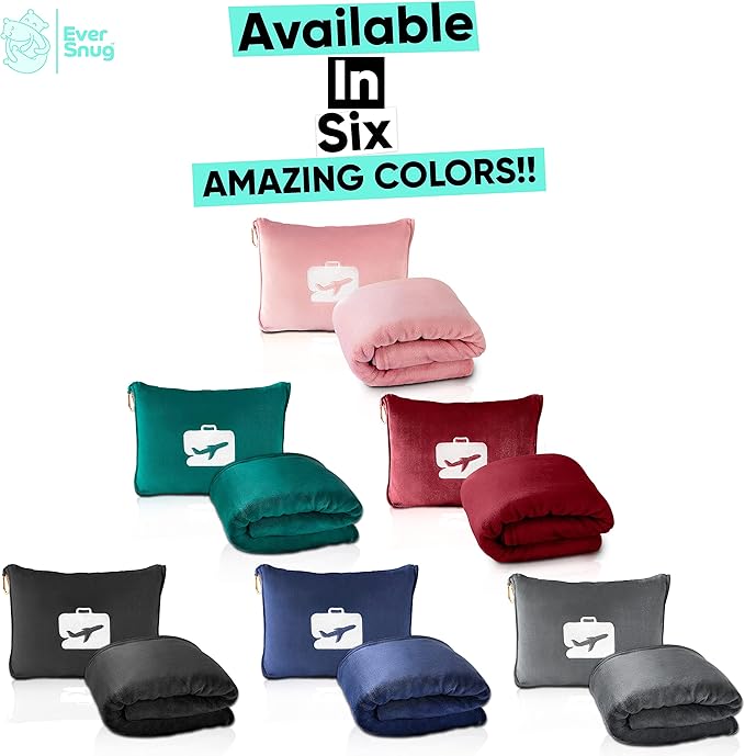 EverSnug Travel Blanket and Pillow Value Pack – Premium Soft & Lightweight | 2 in 1 Compact Blanket for Airplane, Car, Kids and Women | Color Includes Pink & Navy Blue