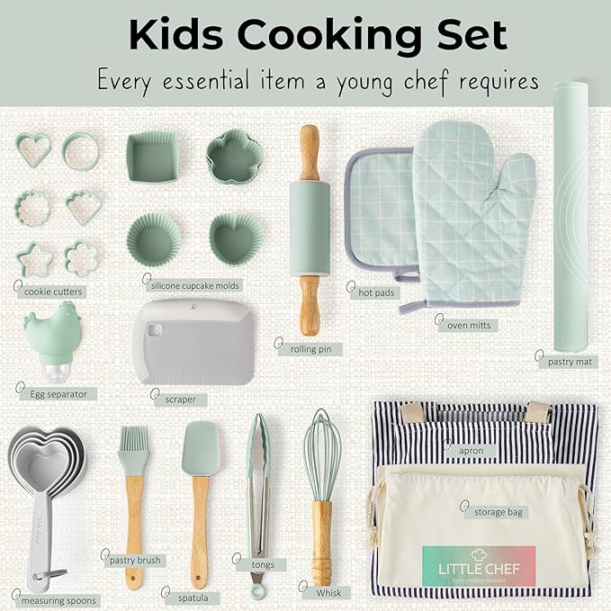 Ultimate Baking Kit for Kids - 38 Piece Kitchen Tools, Food Grade Silicone, BPA/BPS Free - Real Cooking Set for Ages 8-12 - Girls Boys Birthday Stocking Stuffer - Sage Green