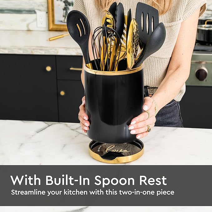 STYLED SETTINGS Black and Gold Utensil Holder with Built-in Spoon Rest - 2 PC Large Ceramic Utensil Holder Includes Black & Gold Spoon Rest - Luxury Kitchen Accessories - Utensils Not Included