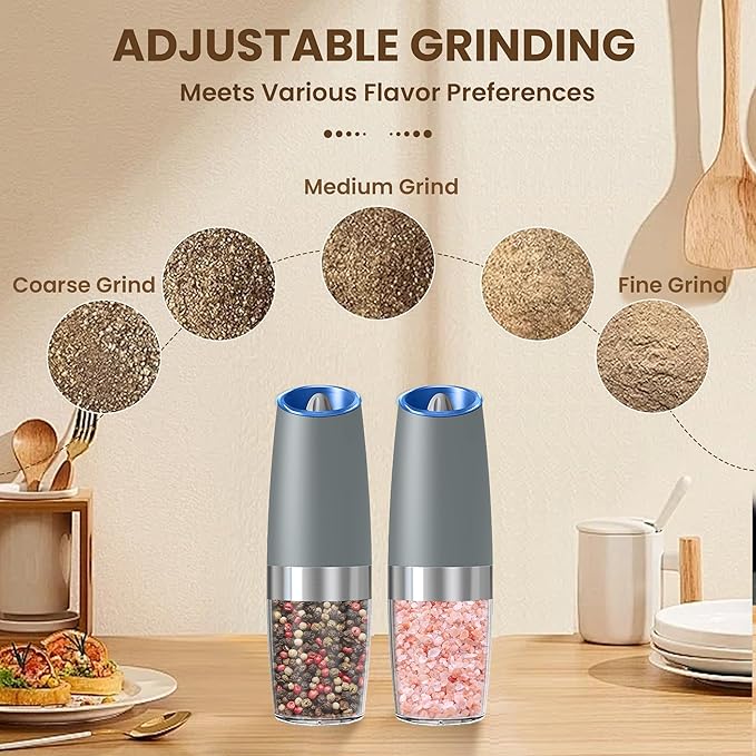 Gravity Electric Salt And Pepper Grinder Set, Automatic Salt And Pepper Grinder Set, Battery Powered (6 AAA Batteries Each), Adjustable Roughness, LED Light, 2 Pack, (Light Grey)