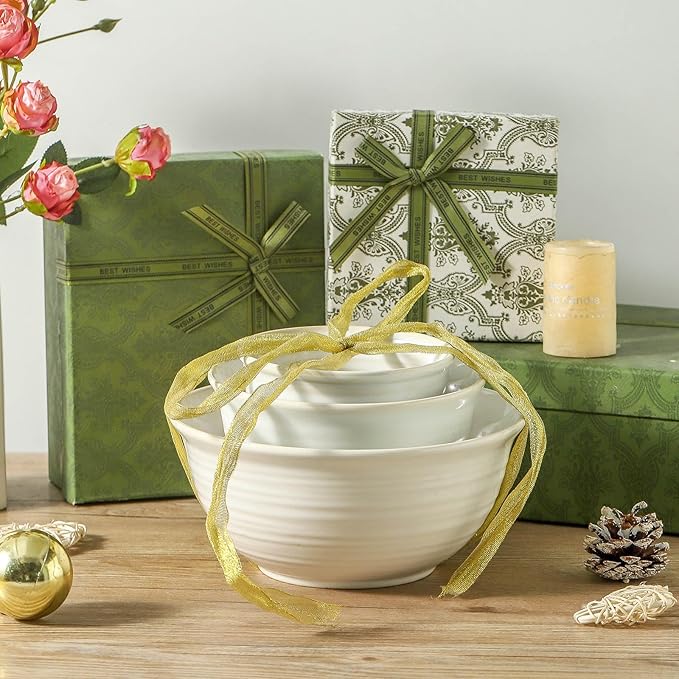 HASENSE Ceramic Mixing Bowls Set, 2.1/1.0/0.5 Qt, Handmade Salad Serving Bowls for Kitchen, Deep Nesting Dishes for Storage and Baking, Microwave Dishwasher Safe, Clay-Infused White