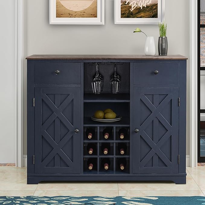 Rustic Wine Cabinet with Wine Rack and Lattice, Sideboard Buffet Cabinet with Drawers, Multifunctional Storage Cabinet for Kitchen, Dining Room, 47 Inch (Navy)