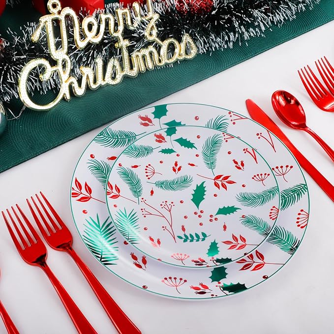 NOCCUR 60PCS Christmas Disposable Plates - Green & Red Plastic Dinner Plates, 30 Dinner & 30 Salad Plates - Pine Needle & Berry Design, Heavy Duty for Christmas Parties