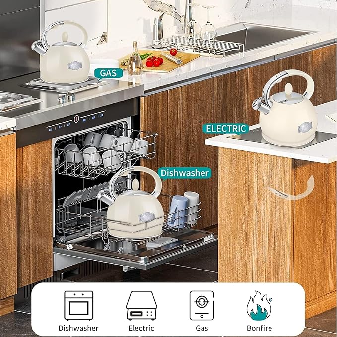 RETTBERG Tea Kettle for Stovetop Induction Whistling Tea Kettles 2.64 Quart Retro Food Grade Stainless Steel Teapots with Cool Touch Handle White