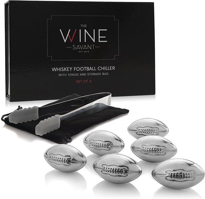 The Wine Savant Football Whiskey Stones, Superbowl Chillers, Whiskey Rocks, Great for Parties or for Bar Use Tool, 6 Stones Rocks Cubes for Whiskey, Bourbon Vodka, Scotch