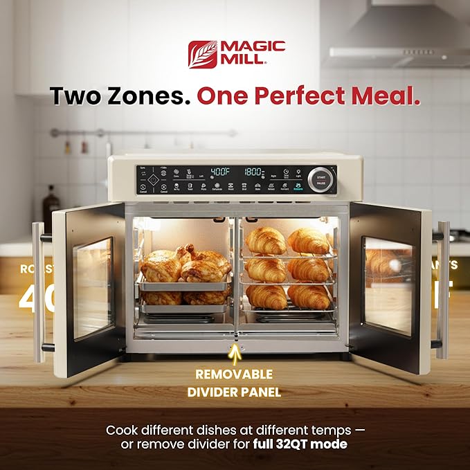 Magic Mill 32QT Dual Zone Air Fryer Oven – Ivory Cream, 13 Accessories, 10-in-1 Functions, Sync Finish, Rotisserie, LED Display, Family-Size French Door Convection Oven